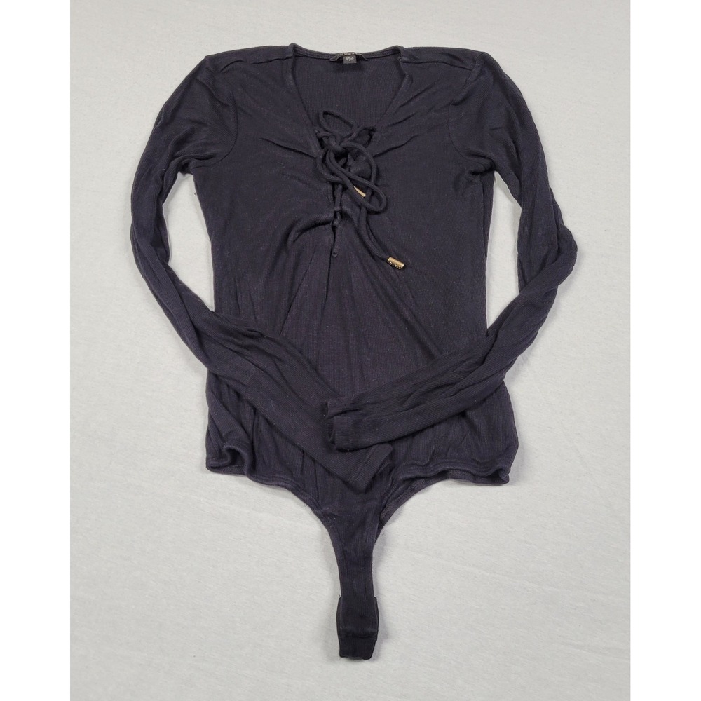 GUESS Black Lace Up V-Neck Long Sleeve Bodysuit Snap Women's Size S